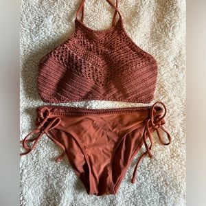 Burnt Orange Bikini Set with Crochet Details
